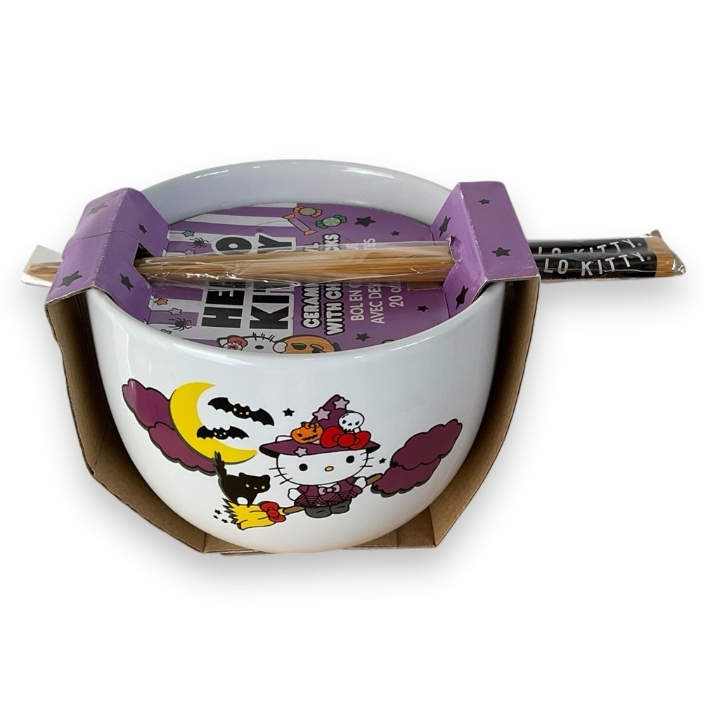 Sanrio Hello Kitty Ceramic Bowl Chopsticks Set Pumpkin Happy Halloween Black NWT